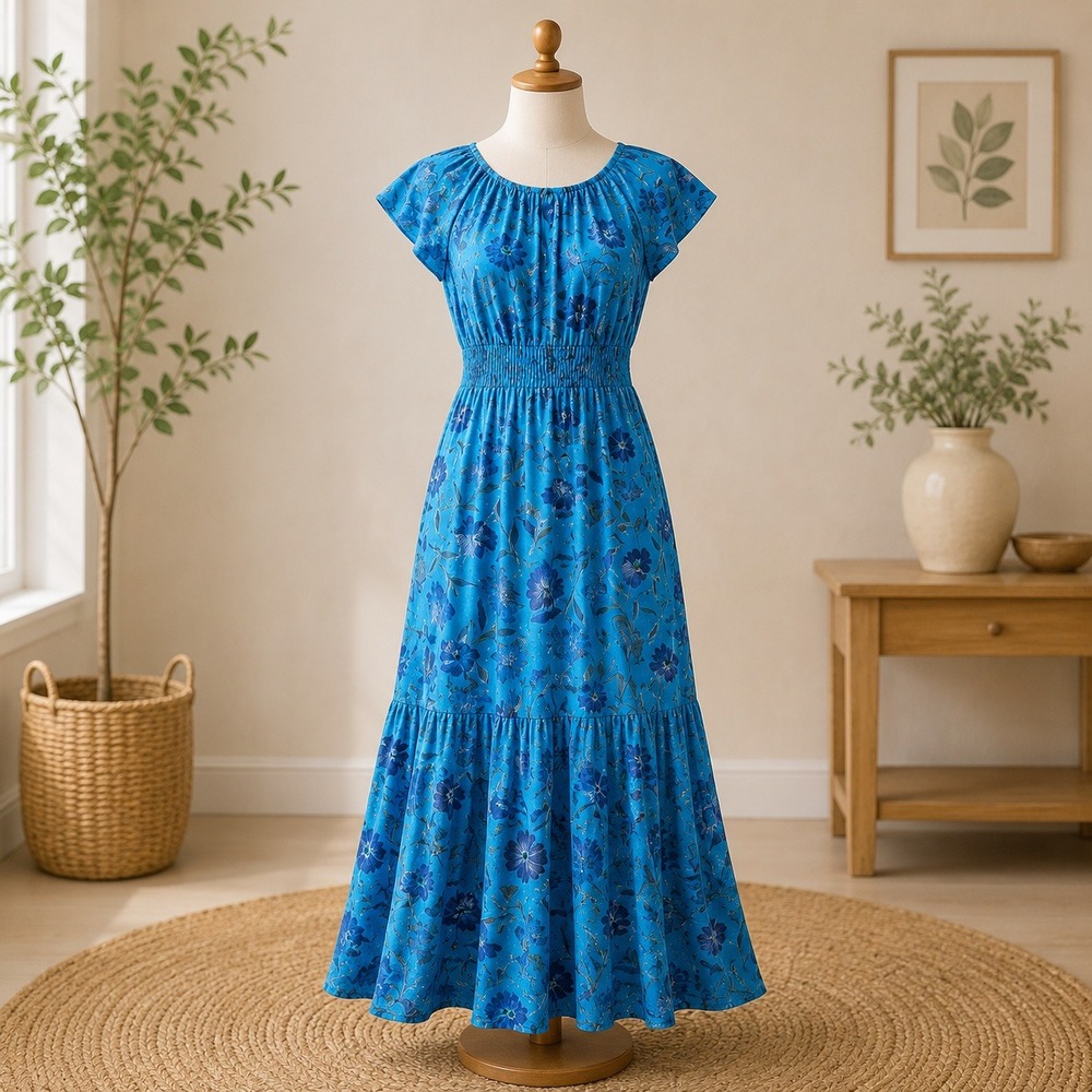 NEW Destination 365 Maxi Dress XXS Blue Floral Smocked Waist Tiered Flutter